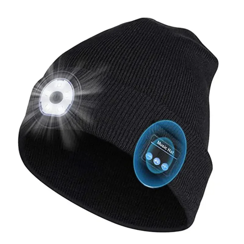 Unisex Music Beanie With Light & Wireless Bluetooth Headphones Unique Tech Gifts for Women Men Dad Father USB Rechargeable Caps