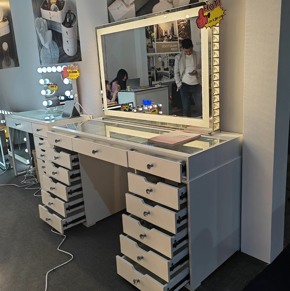 Large Square Hollywood Mirror Luxurious Glossy White Dresser 13 Drawers Mdf Wood Modern Bedroom Makeup Vanity Dressing Table