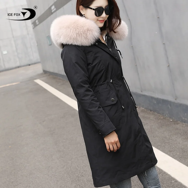 2020 New Style Popular Beige Long Warm Women Real Fur Jacket Fur Parka with Hooded
