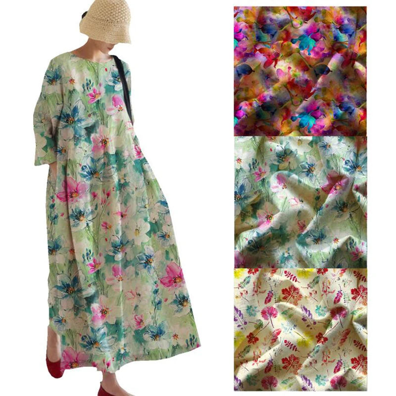 Pattern Custom Digital Printing Stonewashed Fabric The Factory Outlet Hand Drawing Flowers 100% Linen Woven Plain In-stock Items