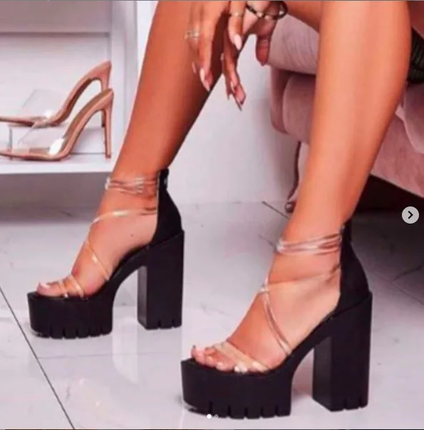 
2020 new platform sandals comfortable chunky heel women ankle strap clear slide tie up sandals 