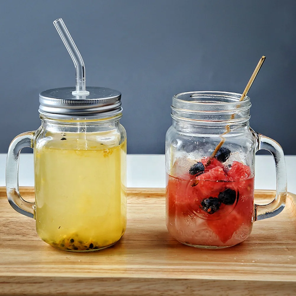 Free Sample Drinking 4oz 10oz 16oz Regular Mouth Glass Cups Glass Mason Jar with Handle Glass Mason Jar with Lid and Straw