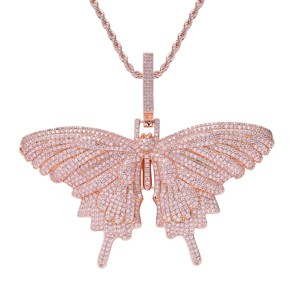 Hot Sale Fashion Iced Out 3A CZ Stone Pink Butterfly Charms Cute Gift For Girls Hip Hop Jewelry Butterfly Pendant Necklace