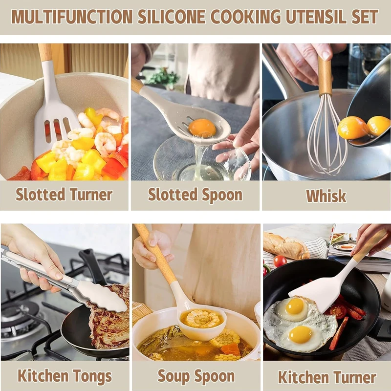 Kitchen Essentials 33Pcs Kitchen Utensils Set Wooden Handle Spatula Spoon Non-Stick Heat-resistant Silicone Cooking Utensils Set