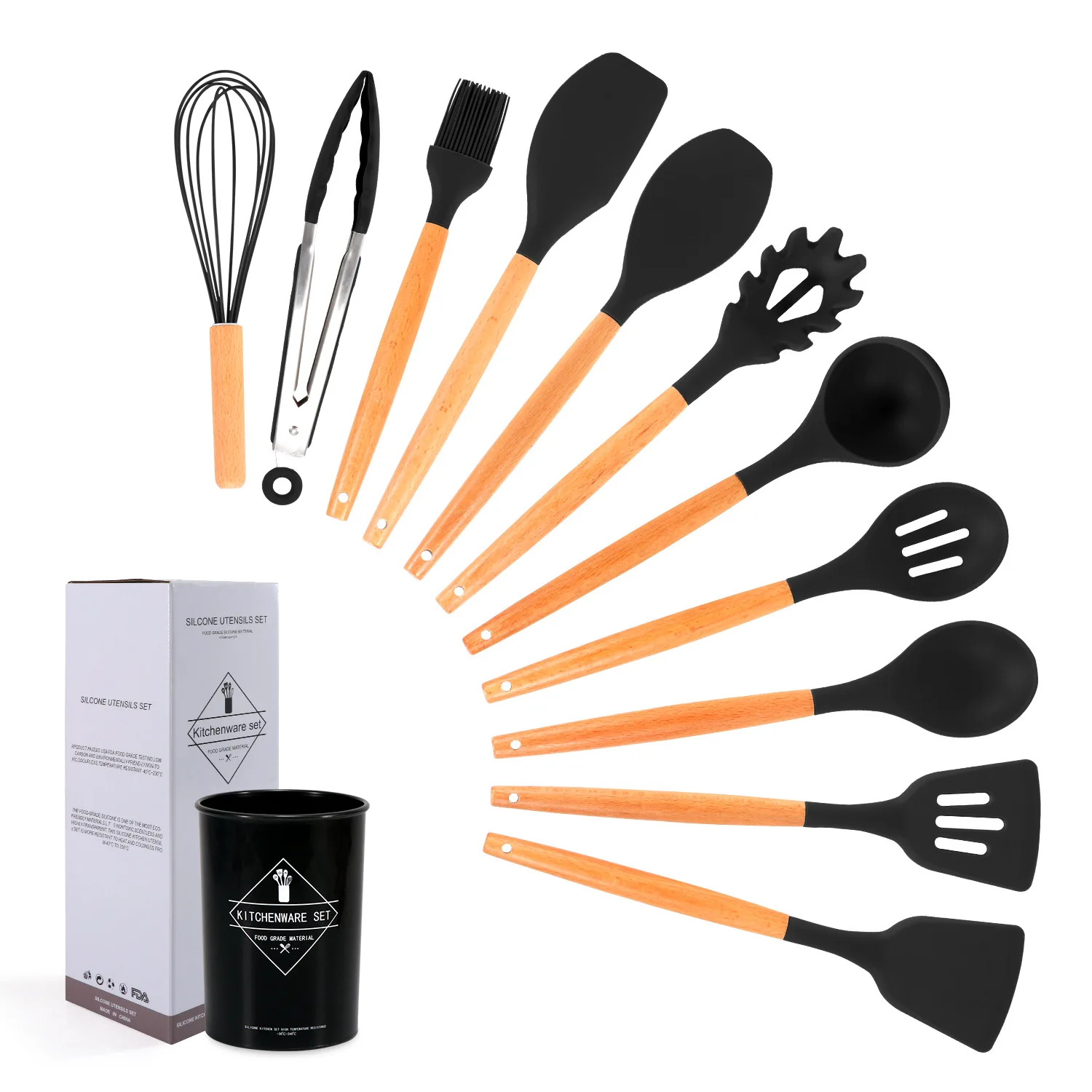 Colorful Silicone Cooking Utensils With Wooden Handle 12 Pieces Heat Resistant Silicone kitchen utensils Non-Stick Utensils Set