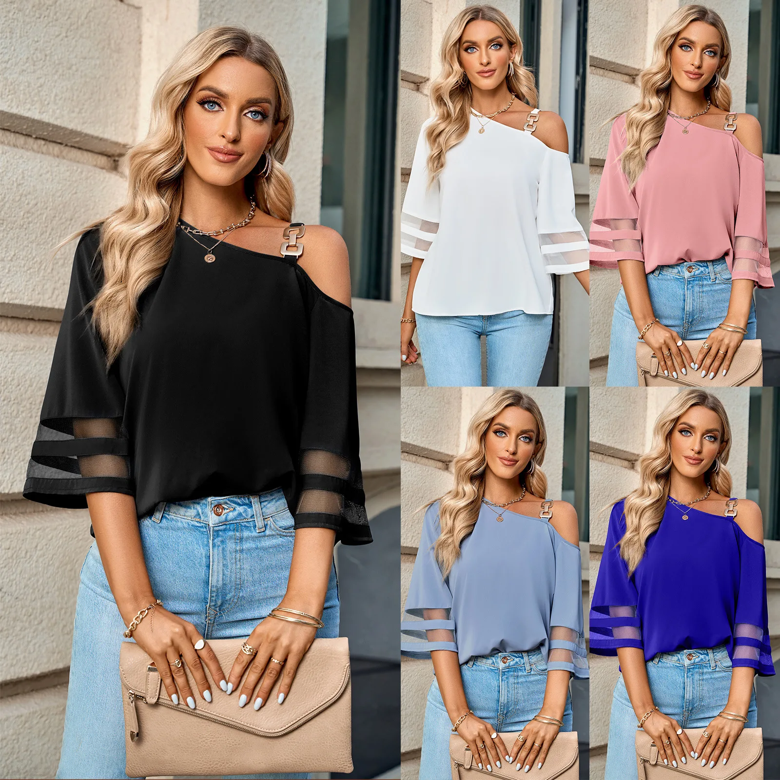 Fashionable Blouses for Women Single Metal Straps Modest Shirts Mesh 3/4 Sleeve Spring Summer Blouses Elegant Tops 2024