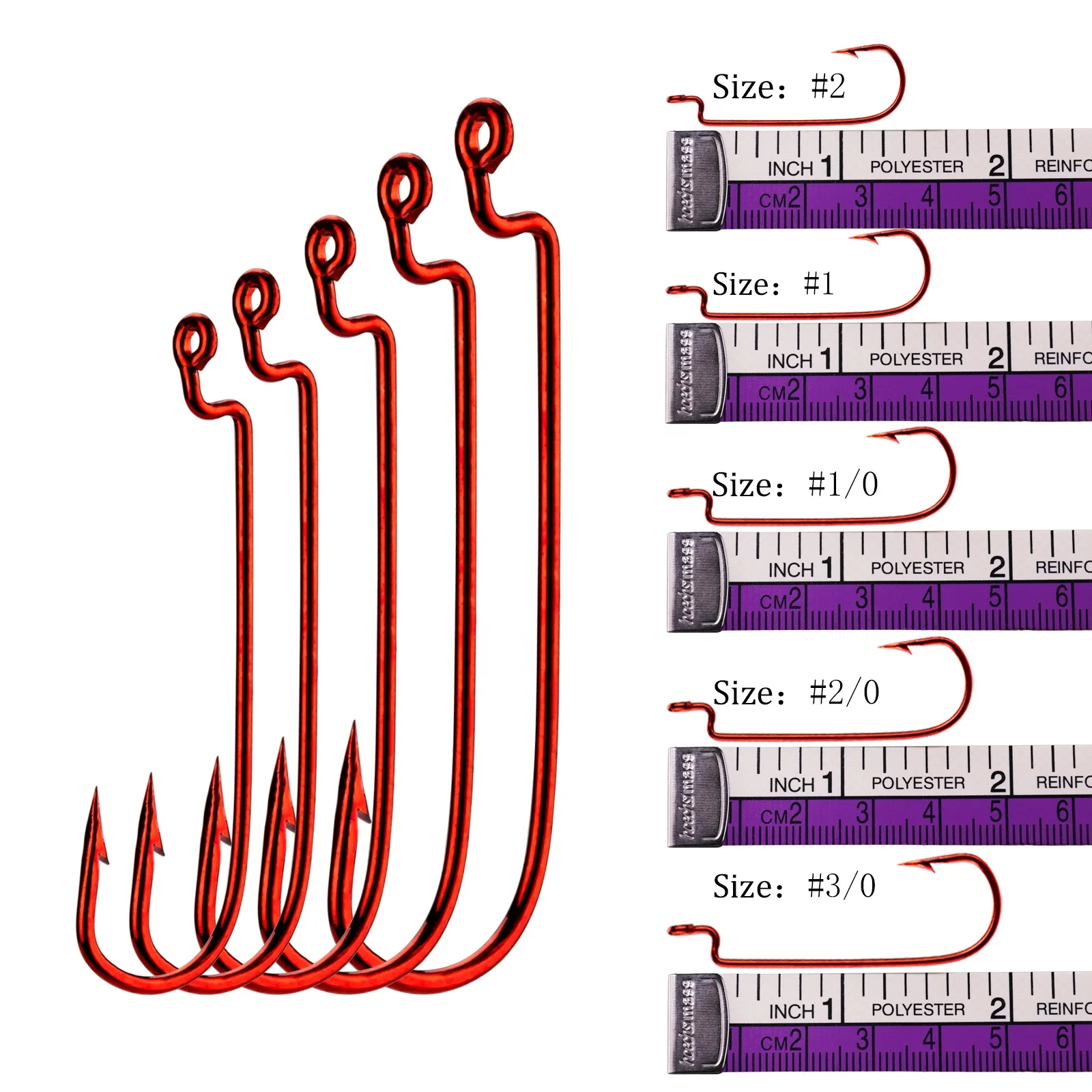
50pcs or 100pcs boxed different sizes red colour sharp barb boxed offset fishing hooks 