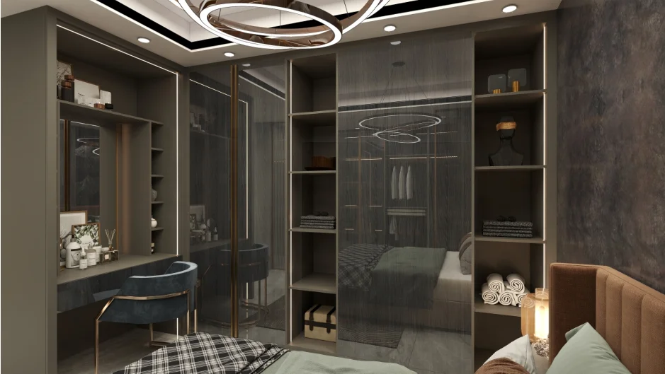 Beautiful light luxury wardrobe with custom glass doors hides LED light strip colors that can be customized