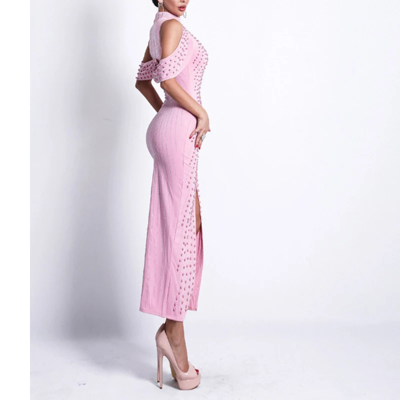 Sexy Falling Shoulder Pearl Bead Elegant Female Dress Small Split Evening Dress