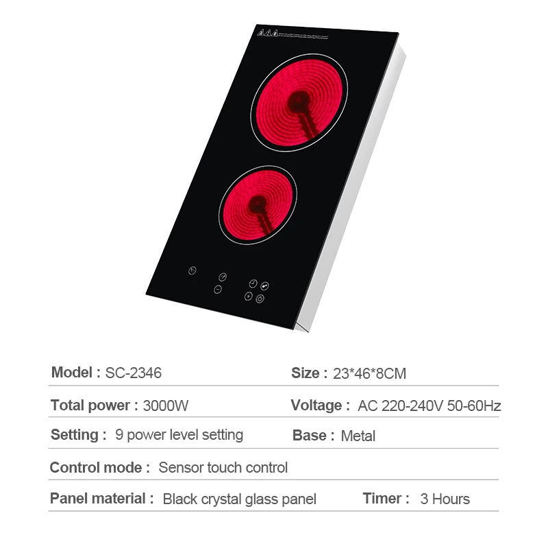 3000W Built-in Induction Hob Double 2 Burner Cooker Ceramic Infrared Cooker