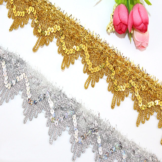 Clothing Accessories Gold And Silver Metallic Border Lace Trim Sequins Golden Yellow Embroidery Lace Trim Gold Lace Trim