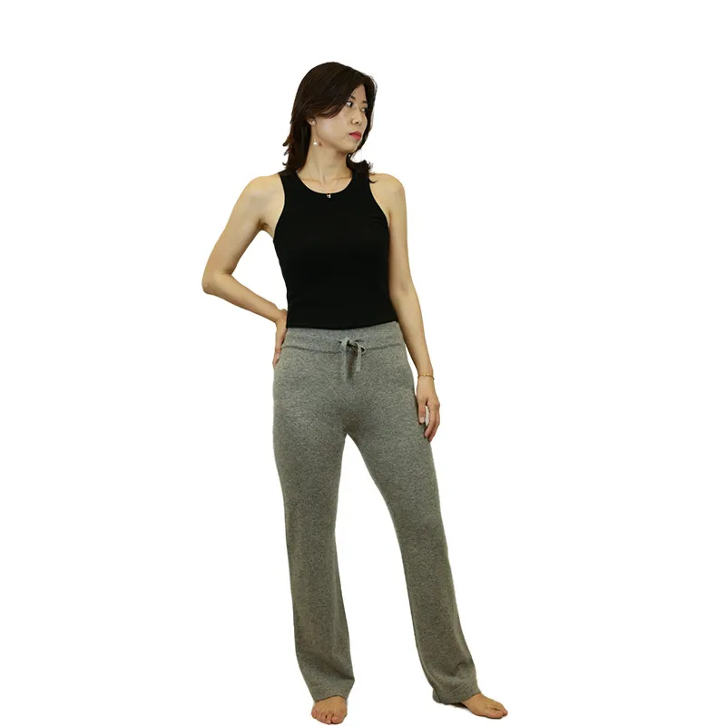 
100% Cashmere Pants Knitted Women Soft Plain Elastic Waist Trousers With Drawstring 