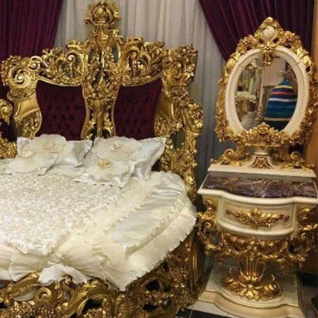  Деревянная кровать в стиле Саудовской Аравии Золотая 24K роскошная мебель для главной спальни круглая