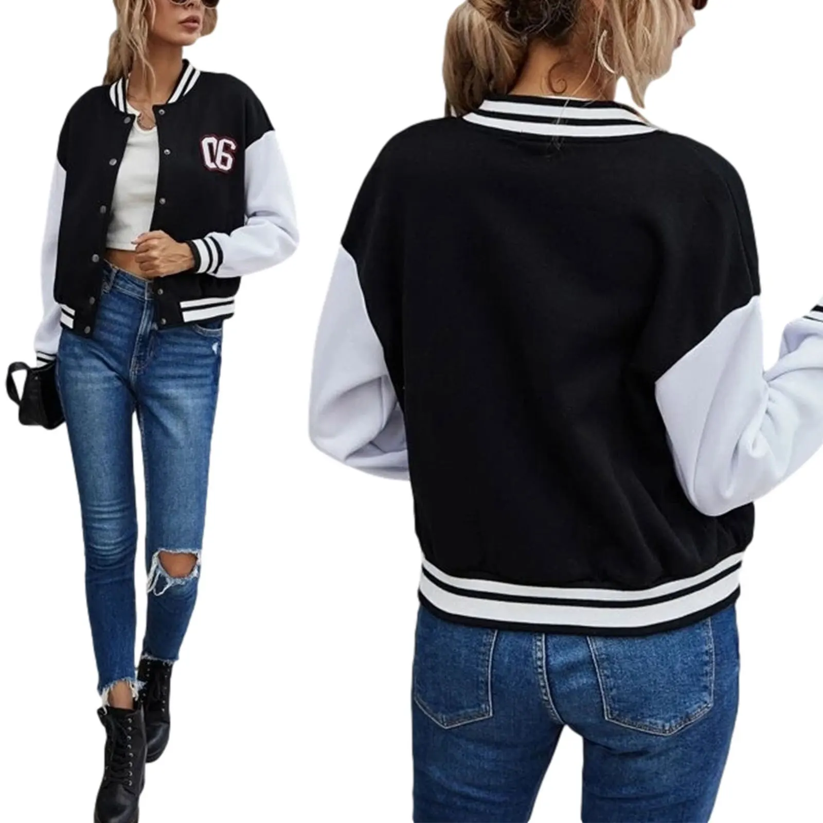 Wholesale Drop Shoulder High School Colorblock Long Sleeve Varsity Jackets Custom For Women