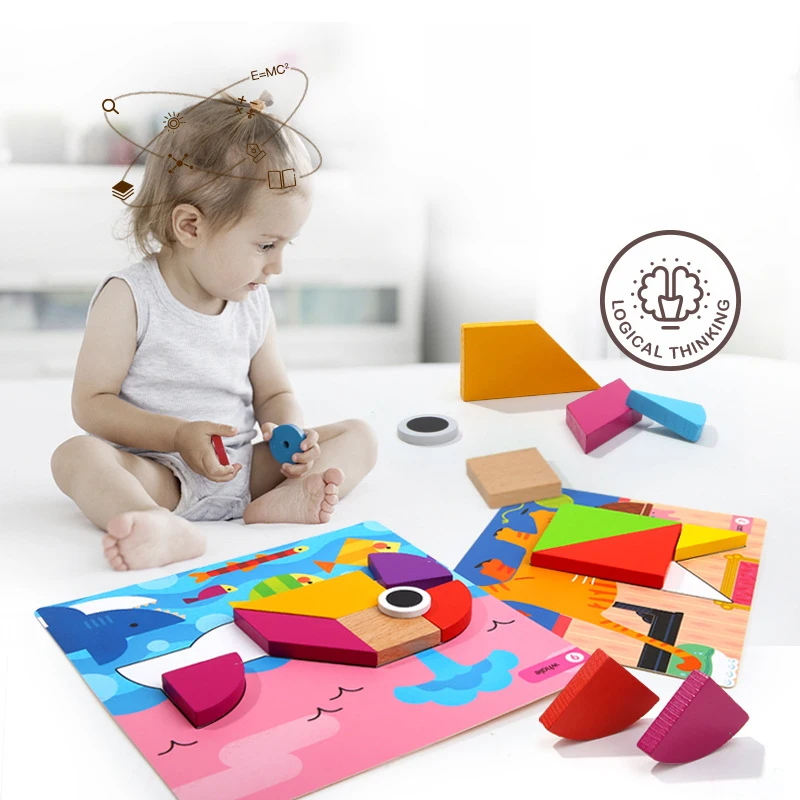 
Wooden Pattern Blocks Set Geometric Shape Puzzle Kindergarten Classic Educational Montessori Tangram Brain Teasers STEM Toys 