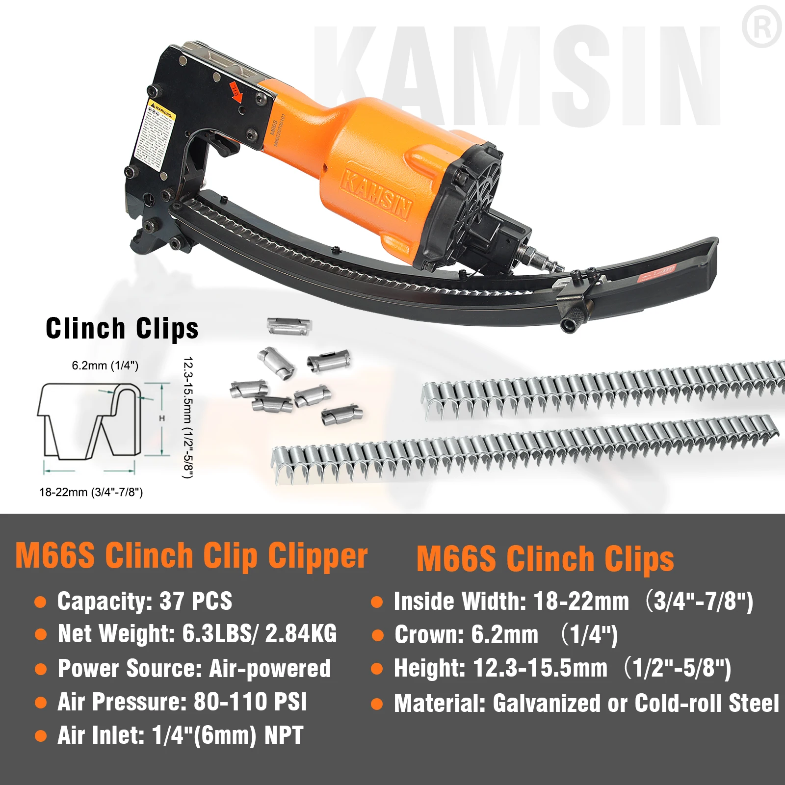 KAMSIN M66S Pneumatic Clinch Clip Gun Plastic Magazine Light Weight Clinch Clipper for Mattress Spring, Wire Cages, Car Seat