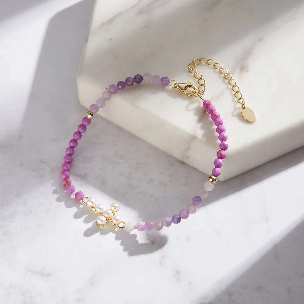 MPB10 RINNTIN Gold Cross Bracelet 925 Sterling Silver Adjustable Natural Freshwater Pearl Purple Mica Bracelet for Women