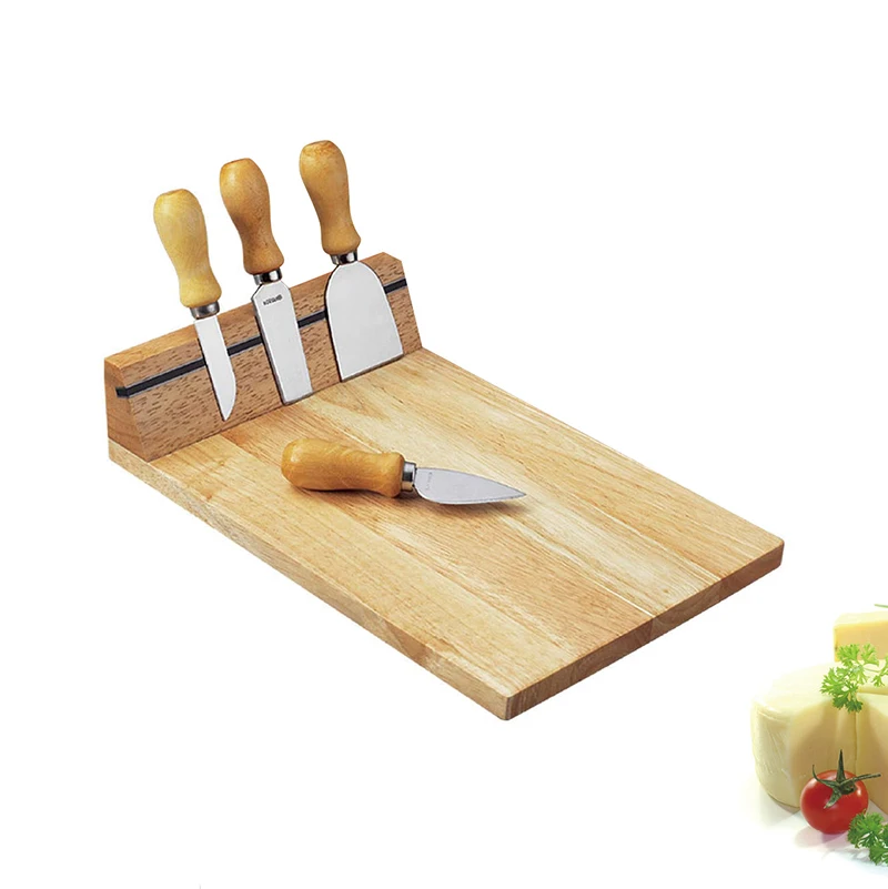 Stainless Steel Cheese Knife with Holder 4pcs Wooden Cheese Board Set