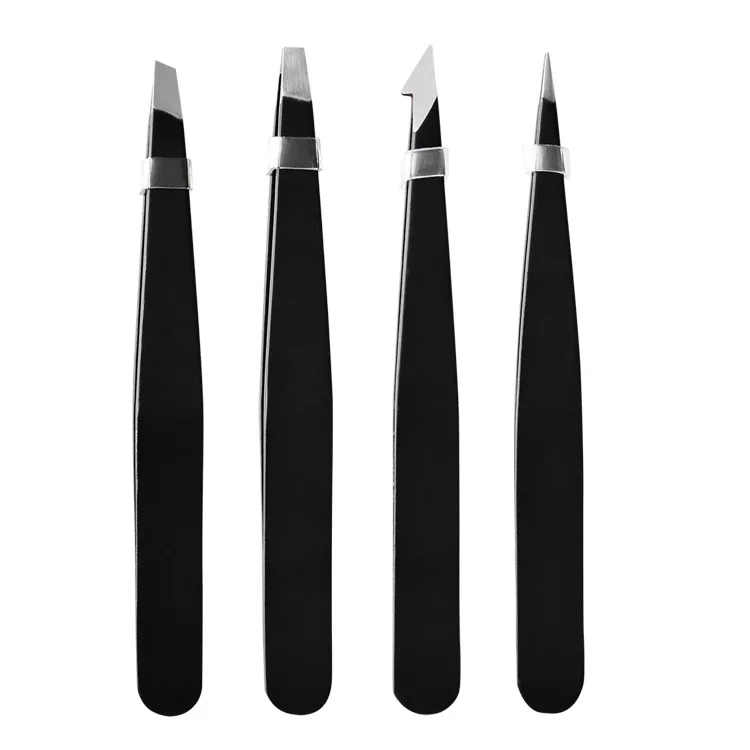 Wholesale custom logo good quality slanted pointed flat black stainless steel eyebrow tweezer set