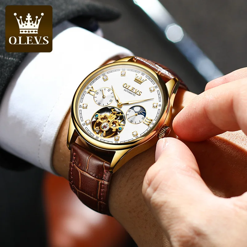 OLEVS 3601 luxury Brown man mechanical watch weird PU leather strap double time lighter automatic sports wrist watch