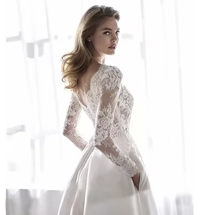 2024 autumn satin lace slim fashion bride long-sleeved open-back trailing wedding dress