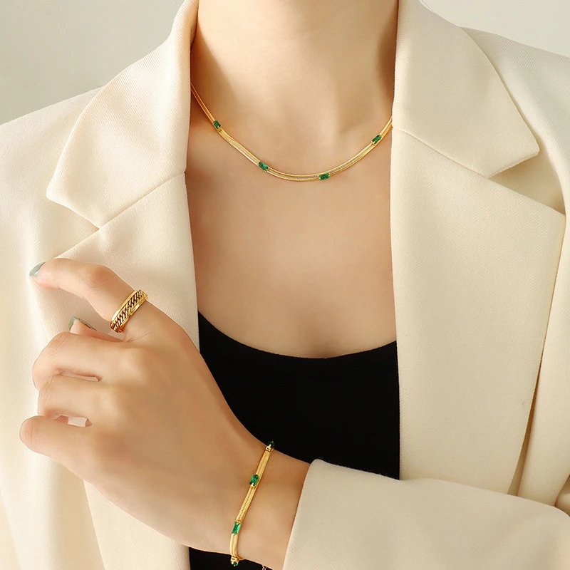 Luxury Stainless Steel White Green Zircon Snake Chain Dubai 18K Gold Jewelry Set For Women