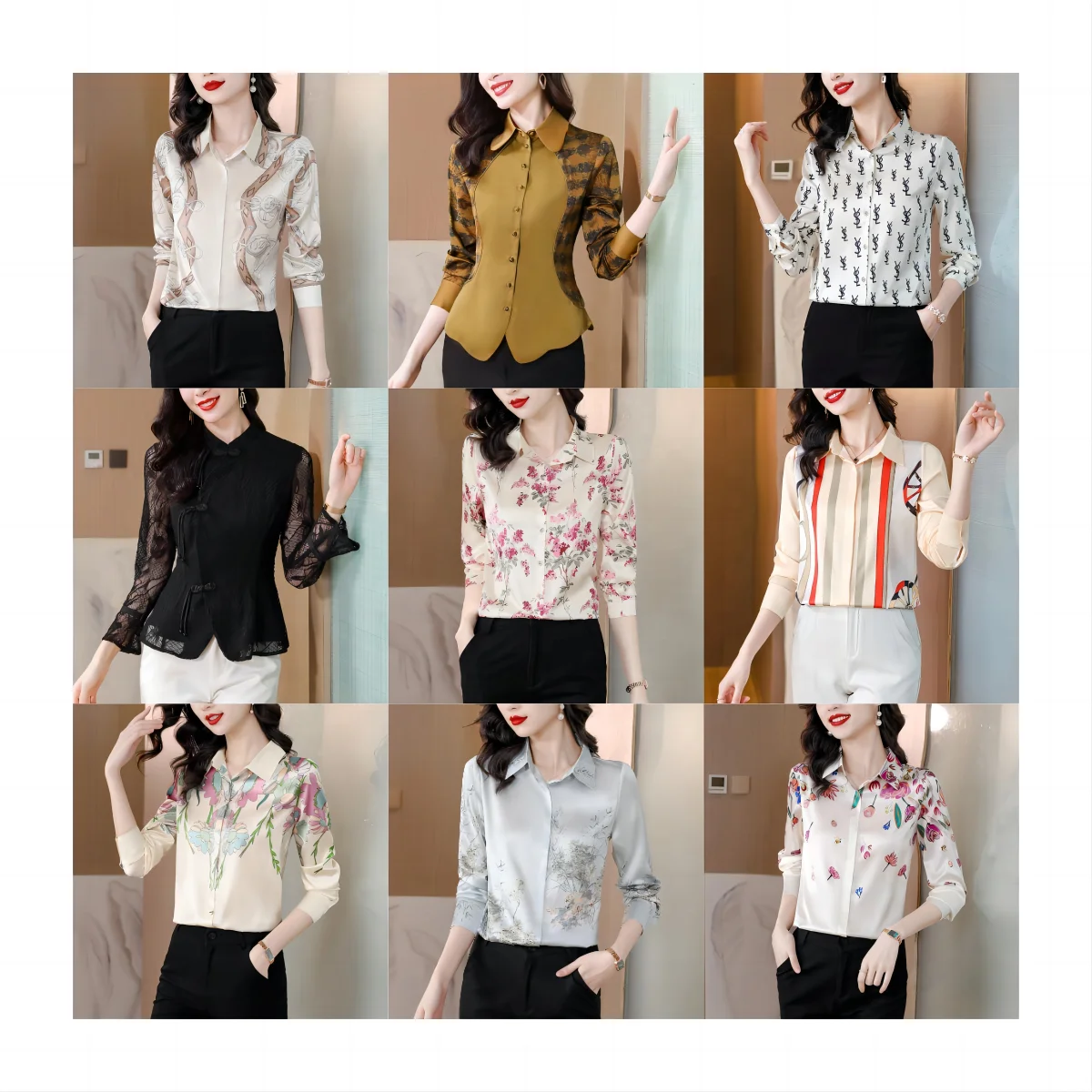 2024 Women Spring Autumn Vintage Stitching Print Blouses Korean Elegant Office Shirt Long Sleeve Shirt Ladies Chiffon Blouse Top