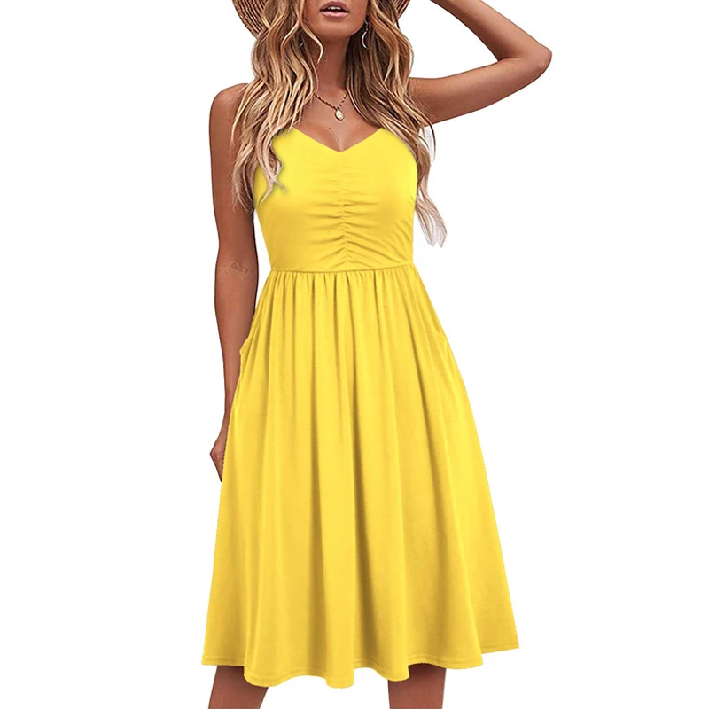 Custom Casual Dresses for Women Sleeveless  Summer Beach Bamboo spandex Dress  Spaghetti Strap Sundresses with Pockets patterns