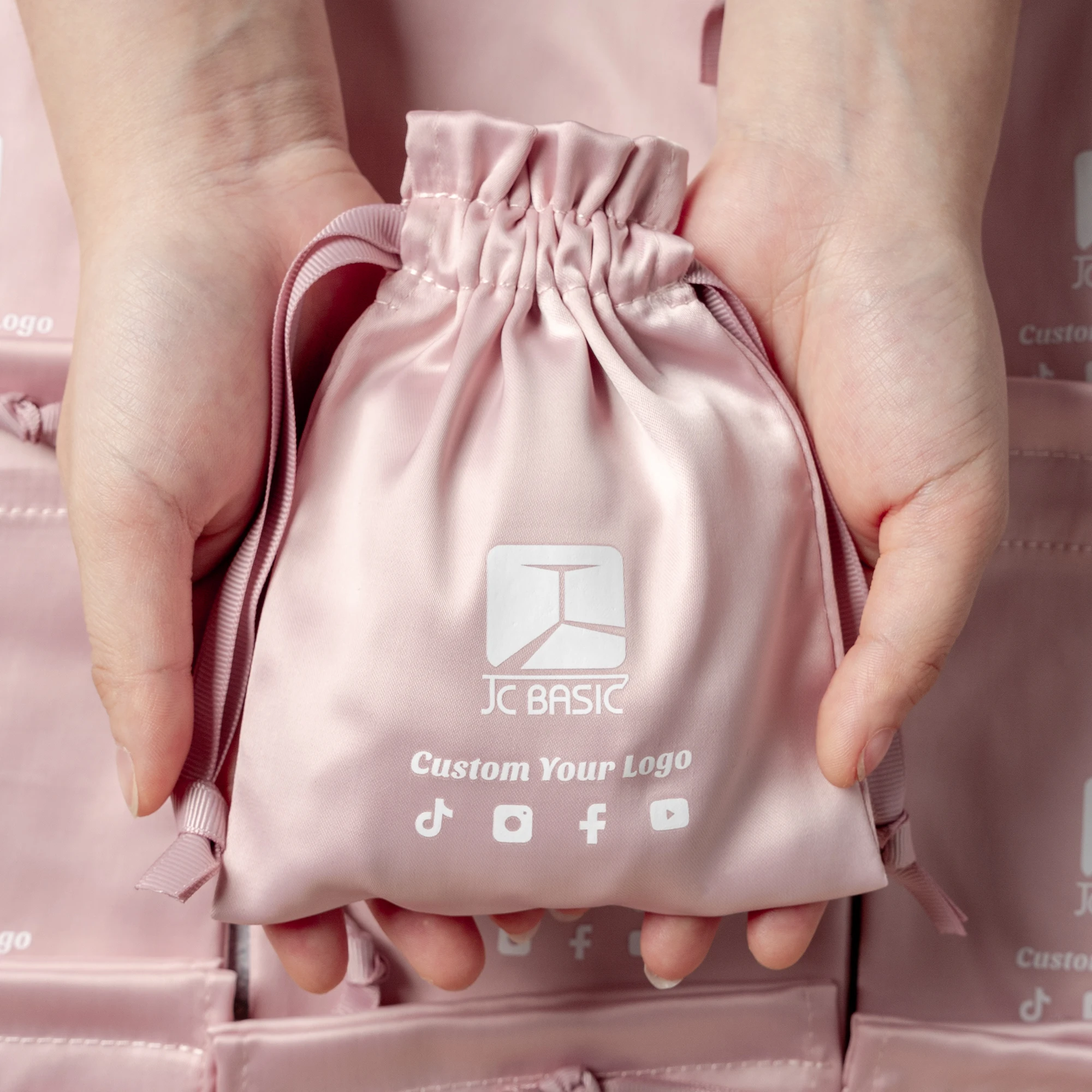 Customized Logo Printed Pink Jewelry Pouch Packaging Satin Drawstring Silk Bags