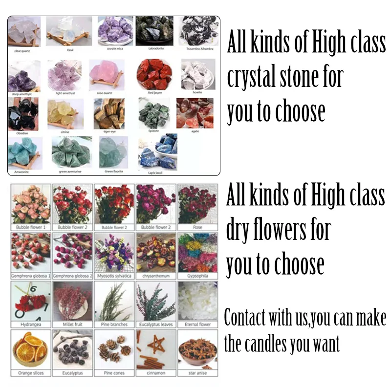 
Luxury Home Decoration Scented Soy Wax Candle Infused Crystal Stone Gemstones and Dry Flowers 