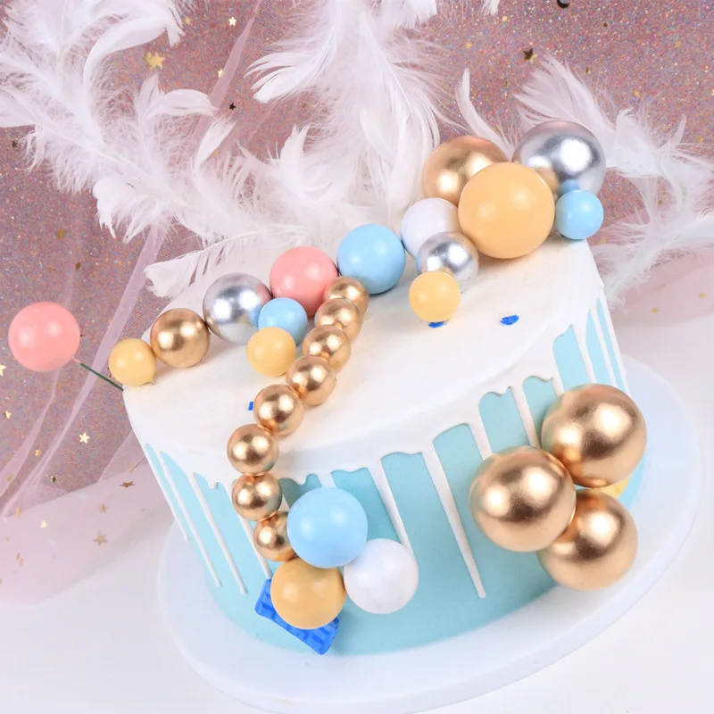 5pcs Christmas Cake Topper Happy Birthday Cake Decorating Supplies 4 Size 9 Colors Faux Balls