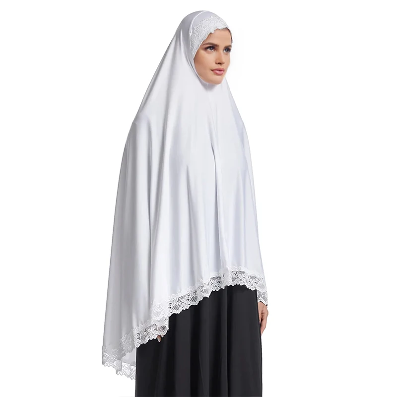 Muslim White Over Head Scarfs Caps Milk Silk Prayer Tops Dress Long Hijab Lace Edge Overarm Lace Hem Khimar