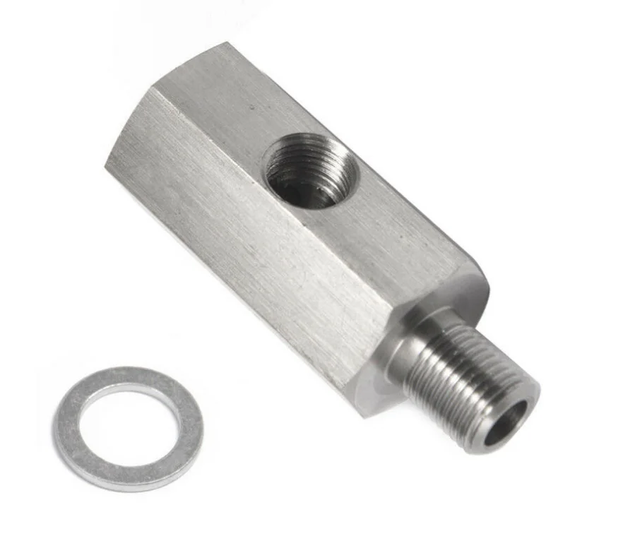 Oil Pressure Sensor Tee Adapter M12 1.5 to 1/8 NPT Turbo Supply Feed Line Gauge Stainless Steel   with 1/8 NPT Side Port Hose