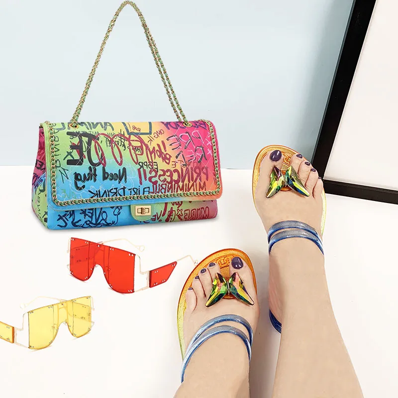 Colorful Painted Graffiti Bags With Gold Hardware Women Large Capacity Handbag Fashion Trend Graffiti Bag