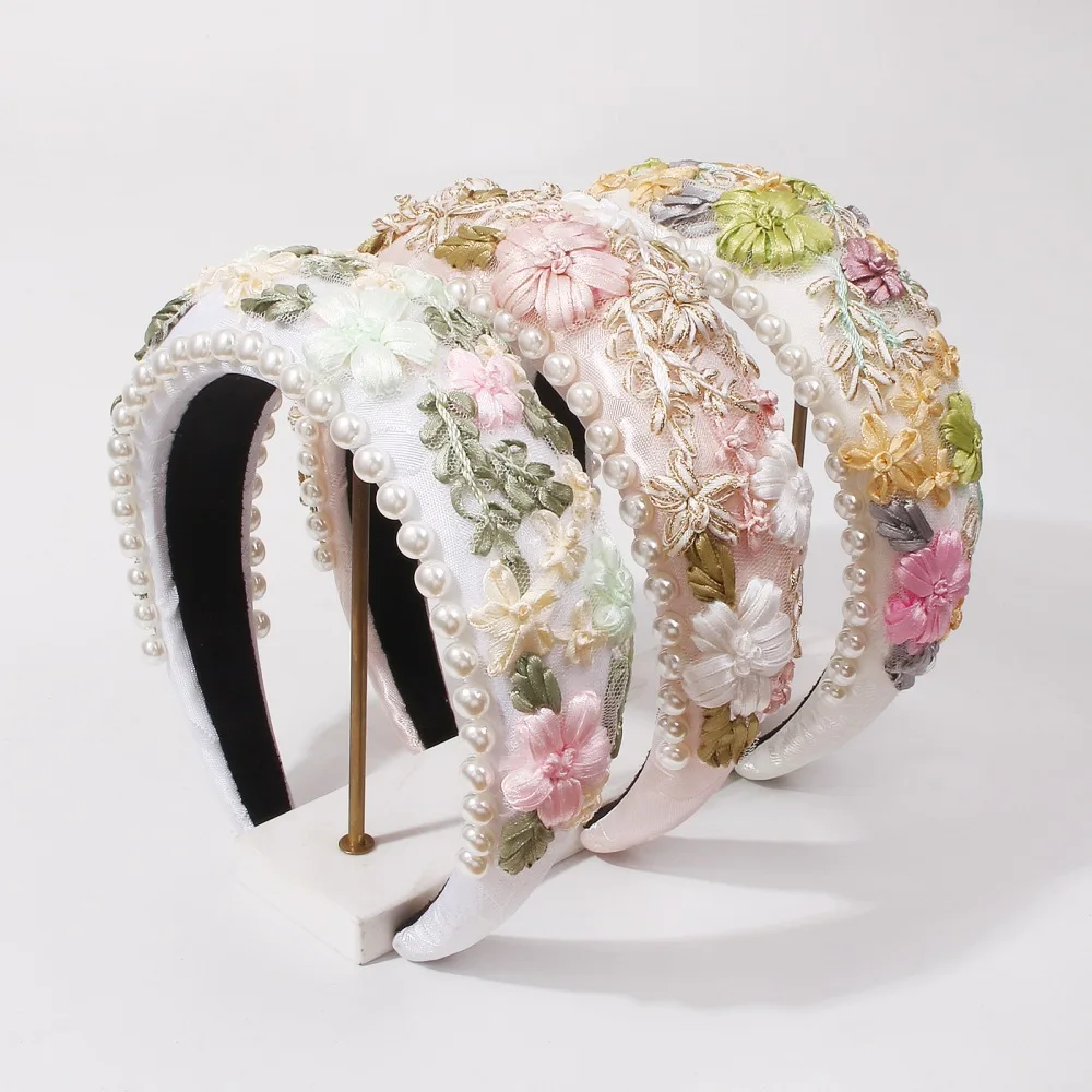 Fashion Flowers Embroidery Headband Luxury Hair Accessories Vintage Baroque Pastoral Sponge Pearl Fabric Hair Band