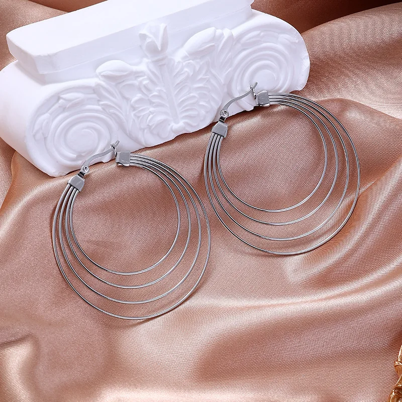 QIFEI Exaggerated Geometric Thread Hoop Earrings Stainless Steel 18K Real Gold Jewelry Earrings