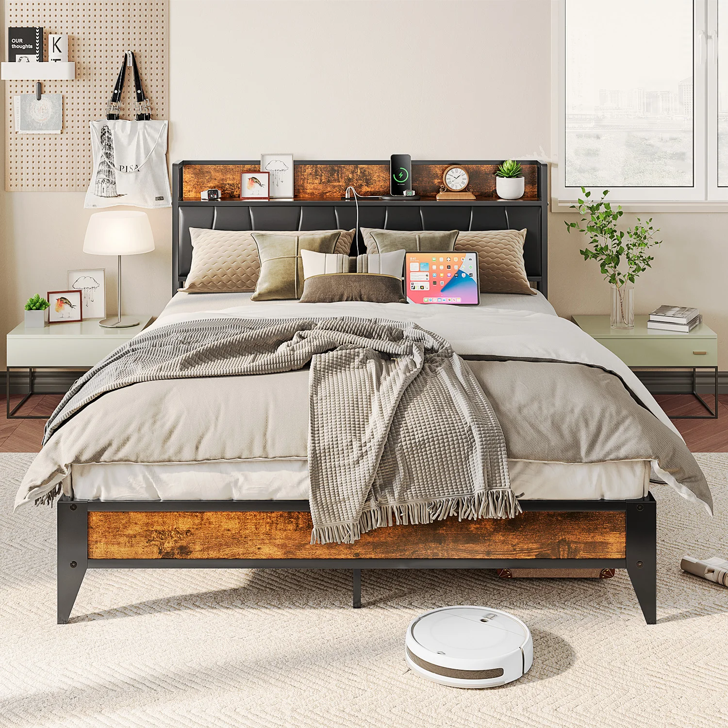 Modern Queen Size Metal Platform Bed Frame with Wood Headboard & Footboard Steel Slats & Storage for Bedroom