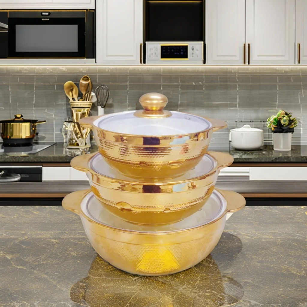 Modern 3pcs Ceramic Soup Pot Set Gold Edge Glass Lid Sustainable Small Pot Soup Cookware Wholesale Luxury Ceramic Soup Stock