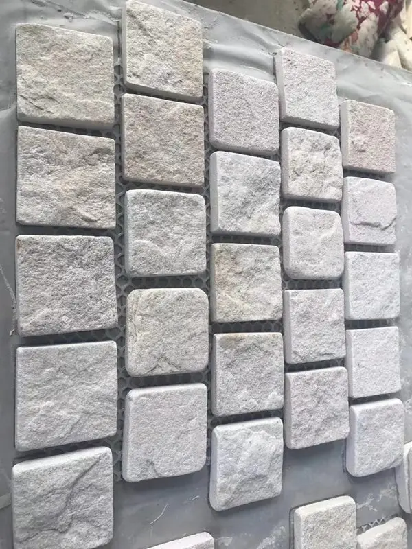 Tumbled brick bond design square white sandstone cobblestone on mesh for patio flooring