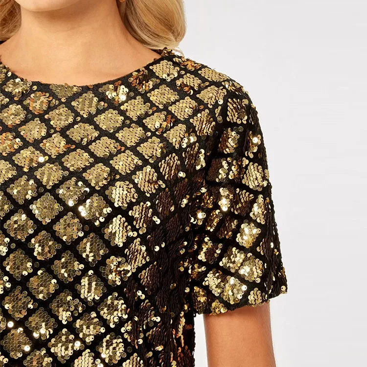 Custom Womens Gold And Black Diamond Sequin Top Women Short Sleeve Round Neck Clothing Women Blouse