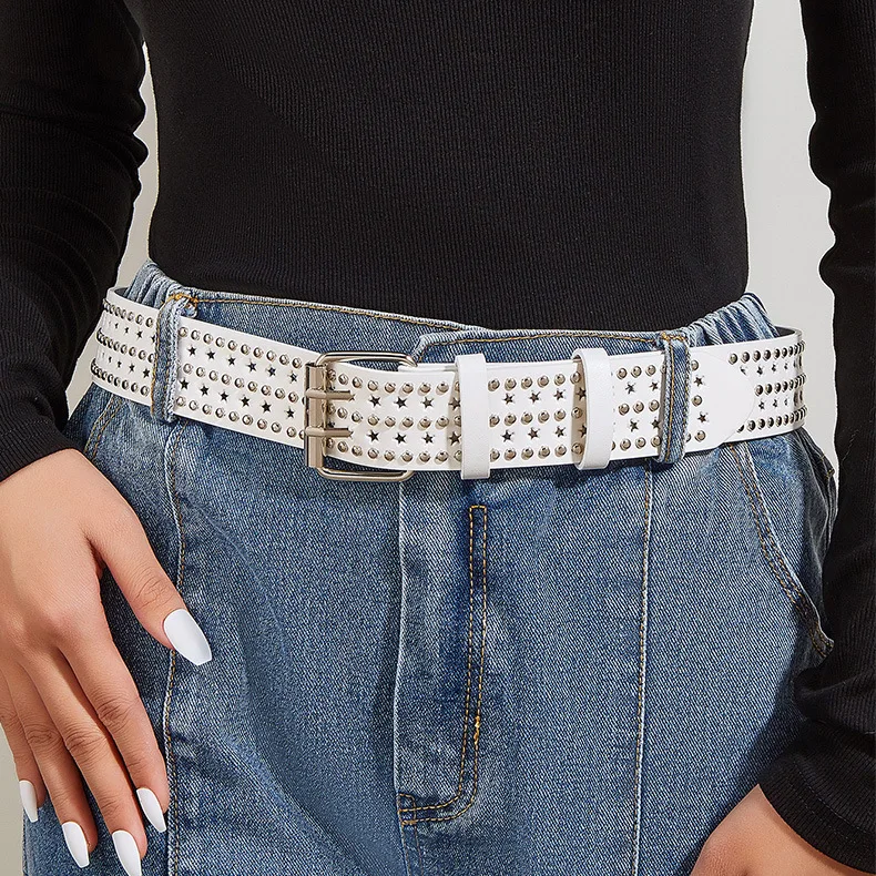 Fashion Star Holes Metal Rivet Belts Retro Punk Studded Black Leather Belts For Jeans