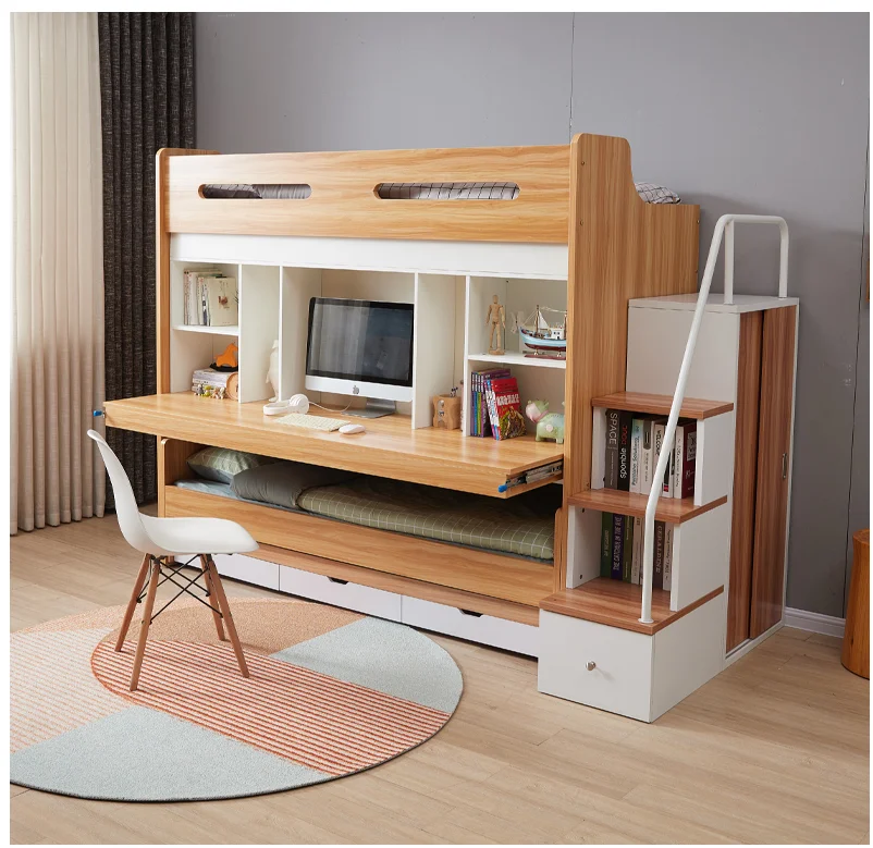 Nordic style  MDF  children there bunk bed with study table and storage drawer