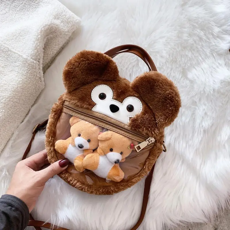 Wholesale Small Round Faux Fur Bag Plush Bear Clear PVC Transparent Window Cute Crossbody Ita Bag Custom