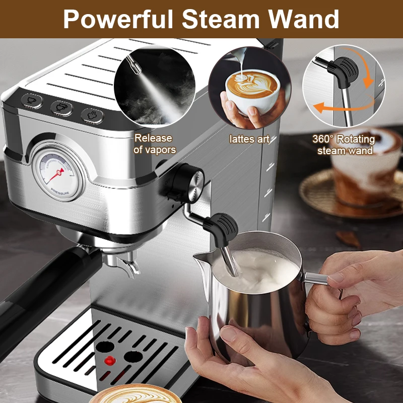 58mm Commercial funnel One button control single cups double cups Espresso Coffee Machine with Built In Milk Frother Steamer