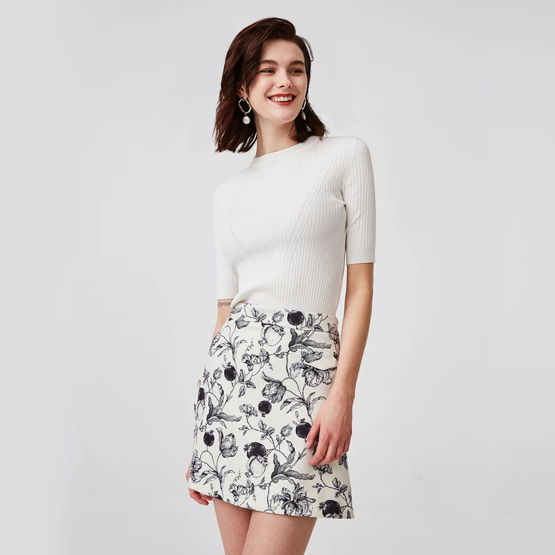 Naivee fall new commuter pomegranate plant print suede A-line printed skirt for women