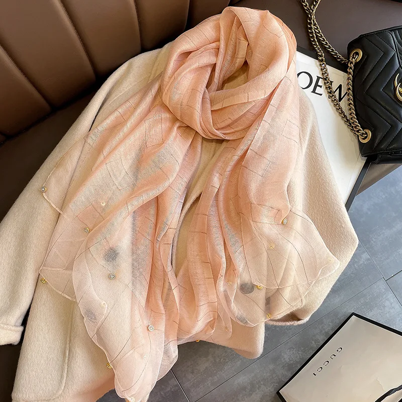 Solid Color Acrylic Long Gold Silk Sequin Scarf Summer Shawl White Pure Silk Scarf For Women Stylish