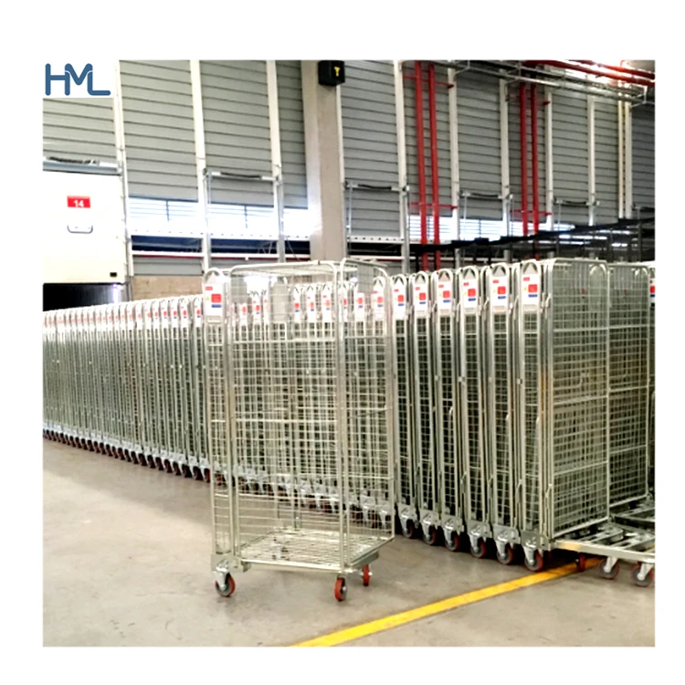 HML mild steel collapsible heavy duty folding wire mesh laundry roll cage trolley for industrial laundry