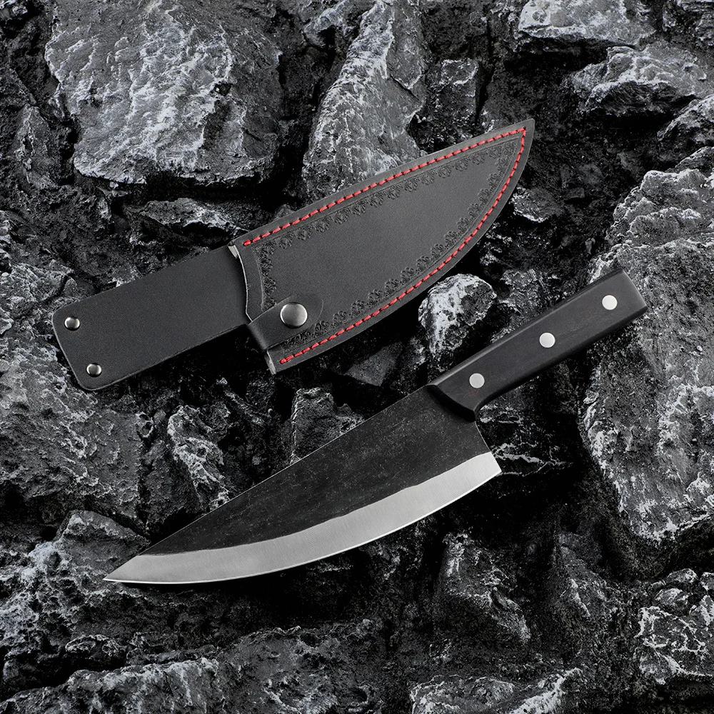 Belt Loop Portable Hunting Camping Outdoor Cooking Full Tang Wood Handle 8 Inch Serbian Chef Knife With Cover