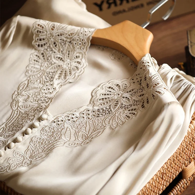 Heavy industry embroidery heavy weight natural  silk V-neck simulated silk shirt blouse women