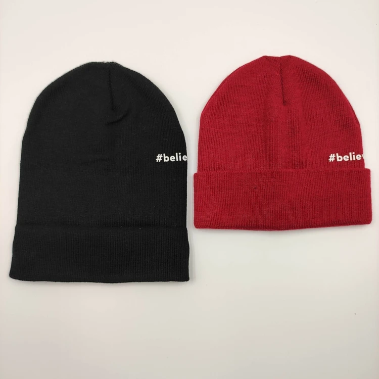 Adult knitted beanie double layers with customer rubber print